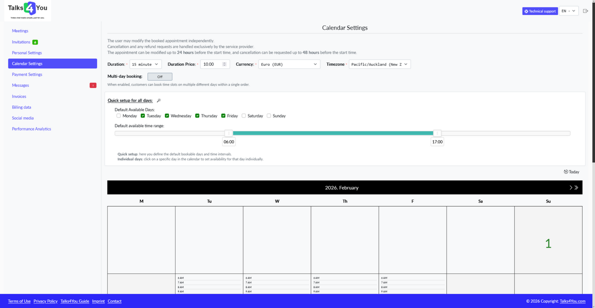 Talks4You scheduling and availability settings