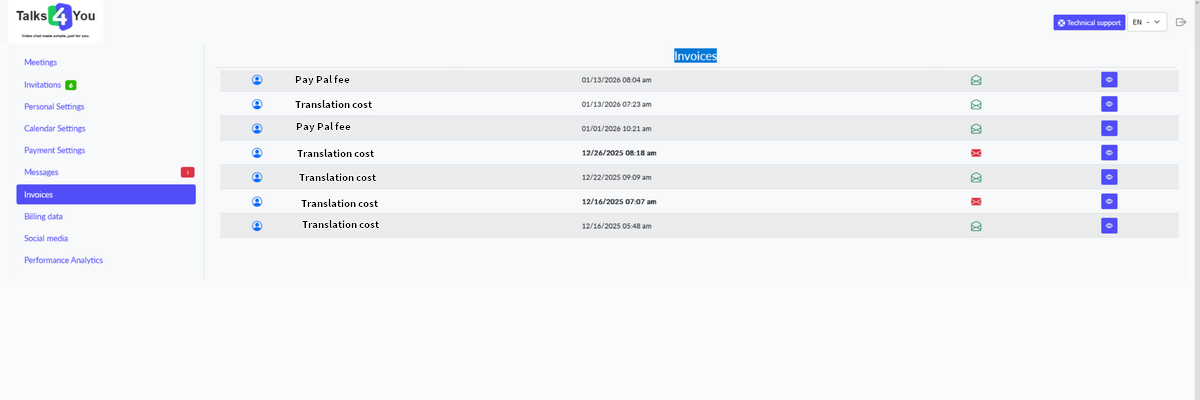 Invoice list in the admin dashboard