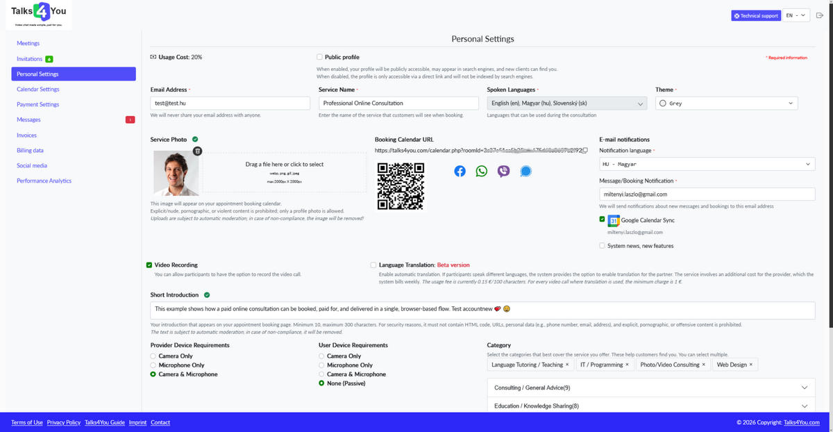 Talks4You admin dashboard – Personal profile settings