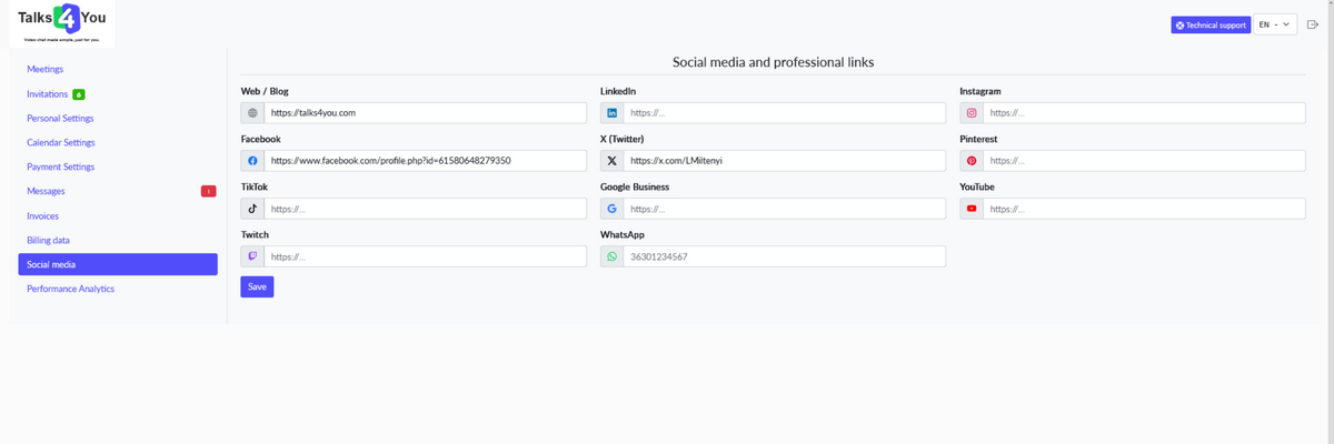 Social media links configuration