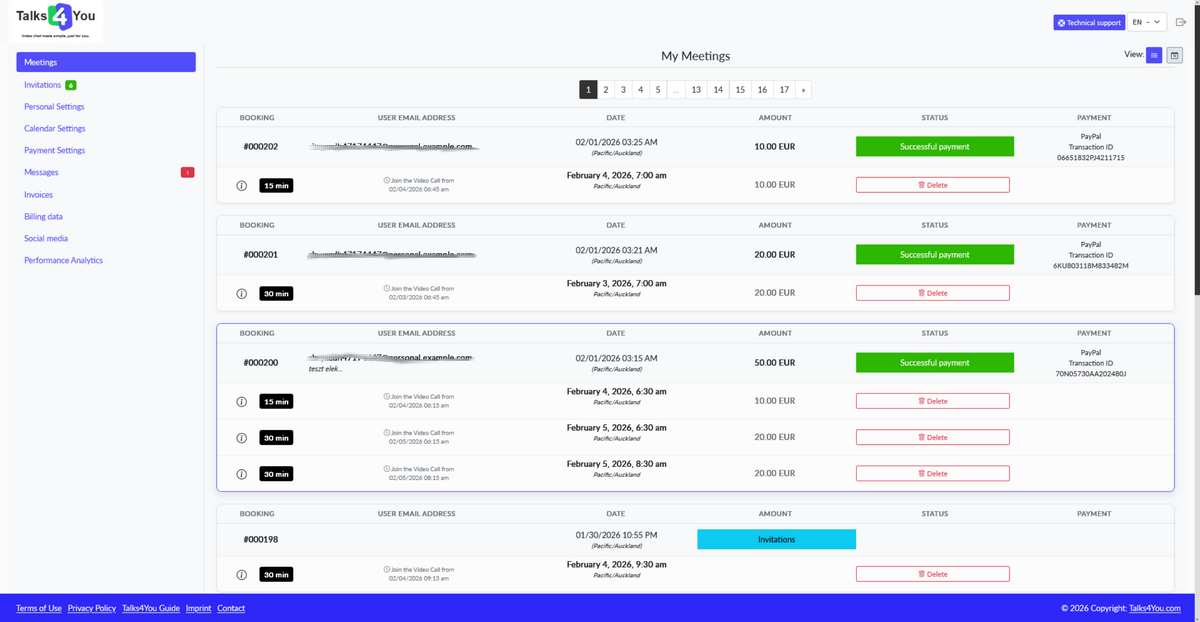 Client bookings and consultations list